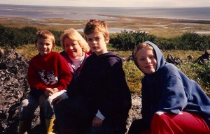 Monty, Kathy, Ed, and Sam picking blueberries